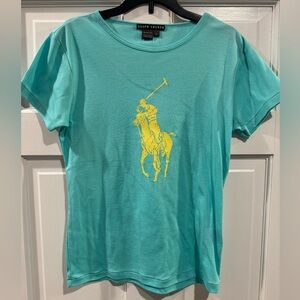 Ralph Lauren Women Short Sleeve T Aqua Yellow Polo Logo Slim Fit Preppy Classic